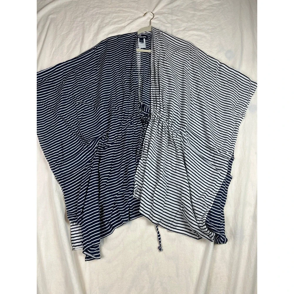 Lands End Tie Waist Kimono Swim Cover Up‎ Navy White Stripe Viscose One Size